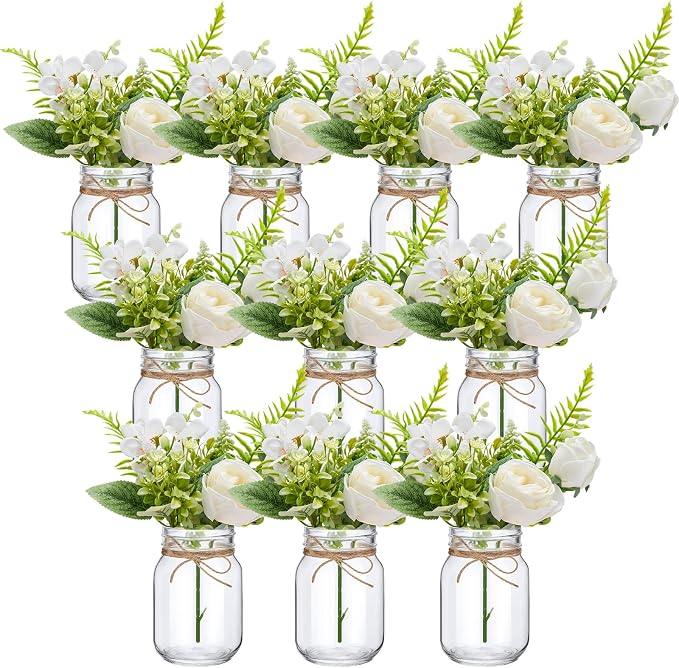 XunYee 10 Set Mason Jar Table Centerpiece with Flower Mason Jar Flower Centerpiece Vases Decor for Engagement Party Bridal Shower Wedding Reception Table Decor(White,Rose)