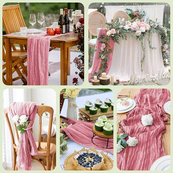 Wokceer Cheesecloth Table Runner 6Pack 10FT Dusty Rose Boho Gauze Cheese Cloth Table Runner for Party Long Rustic Sheer Table Runners for Baby Bridal Shower Wedding Easter Table Decor