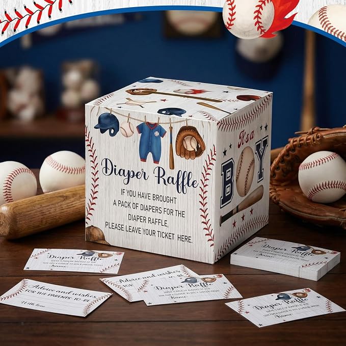 Teling 51 Pieces Diaper Raffle Tickets with Card Box Baby Shower Decorations Gender Reveal Holder Box for Girl Boy Diaper Raffle Party (Baseball, A Little Slugger is on the Way)
