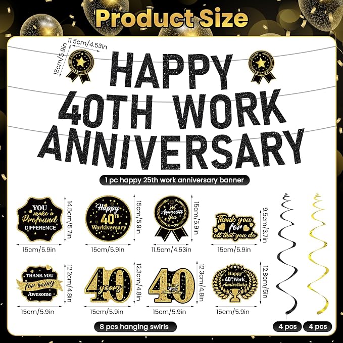 11pcs 40 Year Work Anniversary Decorations Black Gold Happy 40th Work Anniversary Banner Hanging Swirls Employee Appreciation Decorations Supplies 40 Year Workiversary Gifts for Employee Worker