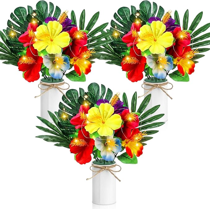 XunYee 6 Sets Hawaiian Party Table Centerpiece Decorations, Tropical Artificial Hibiscus Flowers with LED String Lights, Palm Leaves and Metal Vases for Luau, Tiki, BBQ Summer Beach Party Table Decor