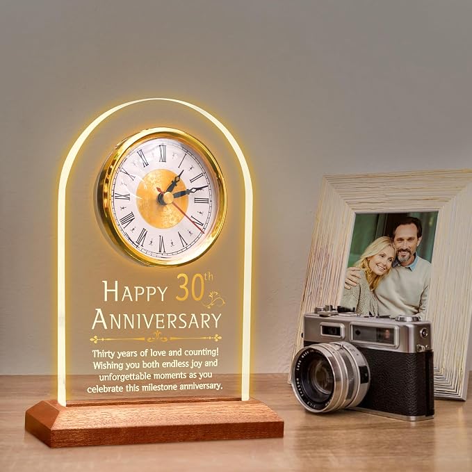 OkiyiD 30th Anniversary Wedding Gifts for Couples, 30 Years of Marriage, Light Up Anniversary Quartz Clock with LED Wooden Base for Home Decor,30th Wedding for Husband Wife, Parents