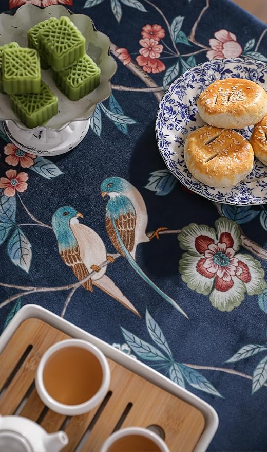 patdrea Elegant Vintage Linen Tablecloth,Rectangular,118"x67"-Lanruoting | Vintage Table Cloth for Rectangle Table,Blue Oriental Bird Floral Print,Dining Tea Party Thanksgiving Coffe Table Decor
