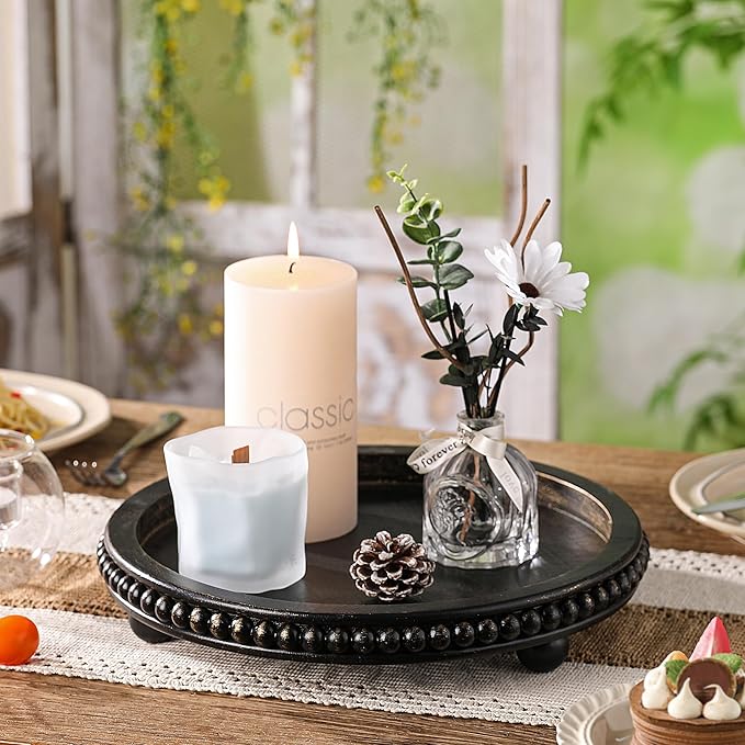Wooden Decorative Tray, Black Round Coffee Table Tray Decor Beaded Distressed Rustic Farmhouse Centerpiece for Living Room Entryway Kitchen Counter Dining Room