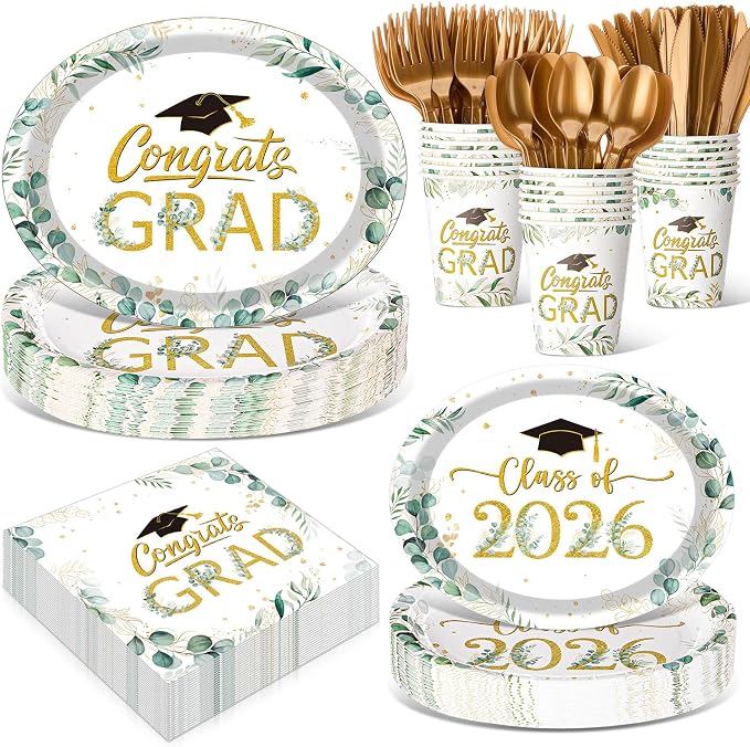 Pajean 350 Pcs Class of 2026 Greenery Graduation Party Decorations 12 inch Disposable Sage Green Leaves Oval Plates Napkins Green Heavy Duty Paper Tableware Set for 50 Guests Grad Party Supplies