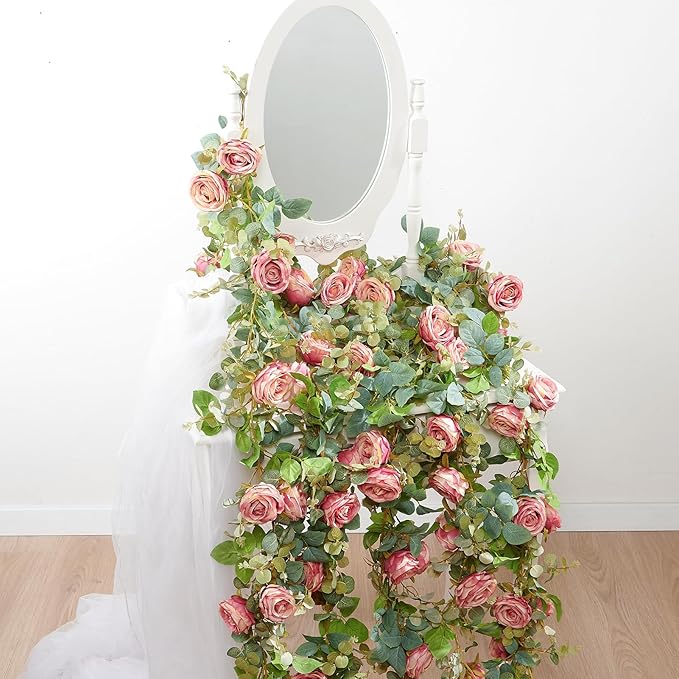 PONKING Flower Garland Artificial Rose Vine Flowers Hanging Fake Roses Vines for Wedding Birthday Party Valentines Christmas Room Wall Arch Decor, 2 Purple Floral Garland Decorations, High Realistic