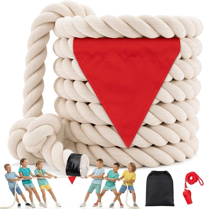 Tug of War Rope for Kids & Adults - 1in x 45ft Soft Cotton Outdoor Pulling Rope with Flag for Team Building Activities Field Day Family Reunions Birthday Parties Camping Games - Beige