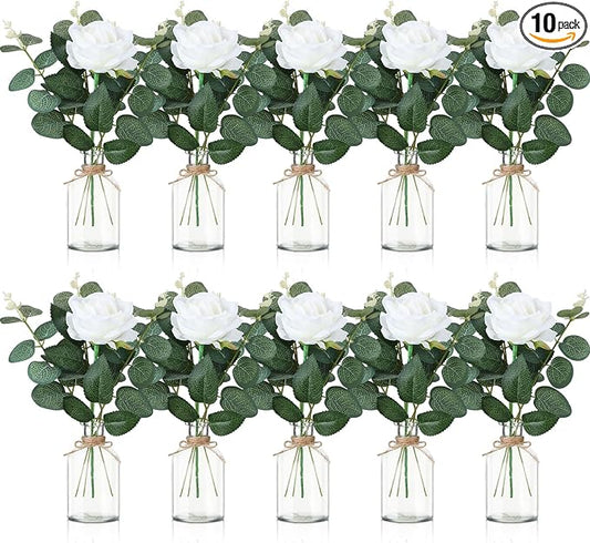 10 Set Vases Glass Centerpiece for Table 10 Small Clear Glass Vases 10 Artificial Roses 30 Leaves with Rope Flower Centerpieces for Wedding Arrangement Party Home Decoration(White)