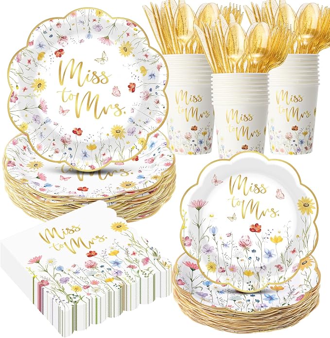 Funnymoom 400 Pcs Wildflower Bridal Shower Party Supplies for 50 Guests Floral Miss to Mrs Paper Plates and Napkins Knives Spoon Fork Cup Disposable Dinner for Women Wedding Engagement Party Favor