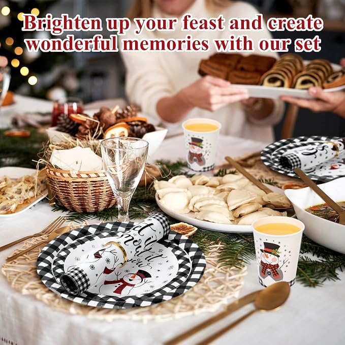 Funnymoom 250 Pcs Winter Snowman Paper Plates and Napkins Party Supplies Black White Buffalo Plaid Winter Disposable Tableware Set for Christmas Holiday Party Decoration