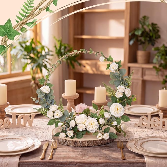 Leinuosen 6 Sets 12" Metal Hoop Table Decor with Stands, 6pcs 9-10" Natural Wood Slices & 33ft Jute Leaf Ribbon for Wedding Bridal Baby Shower Party Center Decoration
