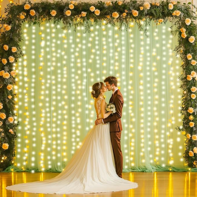 6 Panels Sage Green Sheer Tulle Backdrop Curtains with Lights for Party Wedding Wrinkle Free Curtain Backdrops Drapes for Baby Shower Birthday Photo Back Drop Background Home Decorations 30ft x 8ft