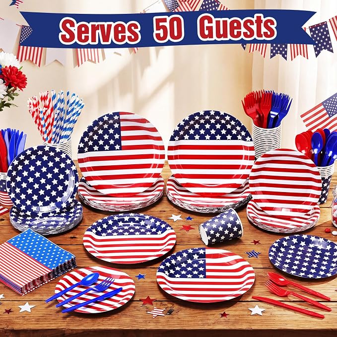 450 Pcs 4th of July Patriotic Tableware Set Decorations USA Red White Blue American Flag Paper Plates Napkins Cups Cutlery Straws for 250th Anniversary Birthday Party Supplies, Serves 50