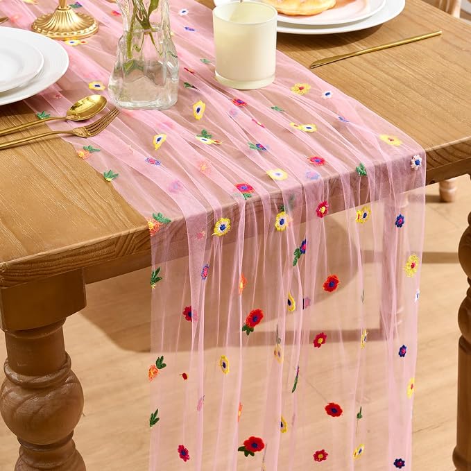 QueenDream Floral Table Runner 10FT Pink Wildflower Table Runners Linens 120 Inch Sheer Gauze Tulle Fabric for Baby Shower Home Wedding Tea Birthday Parties
