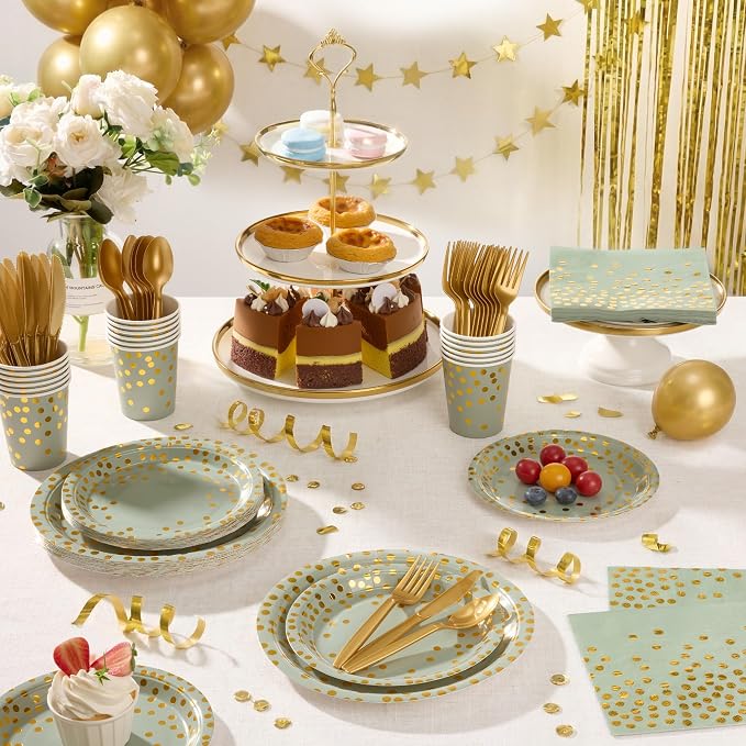 Goodlluck 175PCS Sage Green Gold Foil Polka Dot Disposable Party Tableware Set, 25 Guests | 9" & 7" Golden Dot Disposable Paper Plates, 9oz Cups, Napkins & Gold Cutlery for Baby Shower Birthday
