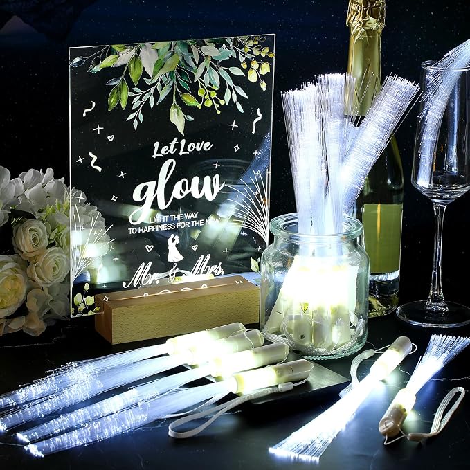 VIHOSE 52 Pcs Wedding Party Favors White Fiber Optic Wands with Acrylic Wedding Table Sign Wooden Illuminated Base LED Fiber Glow Stick Light up Wands for Reception Bridal Shower Party Favors Decor