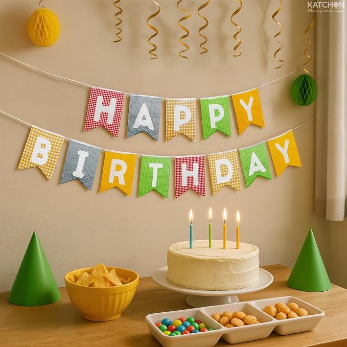 KatchOn, Colorfull Fabric Happy Birthday Banner – Pre-Strung, 10 Feet | Happy Birthday Sign for Birthday Party Decorations for Women, Men | Happy Birthday Sign Backdrop for Happy Birthday Decorations