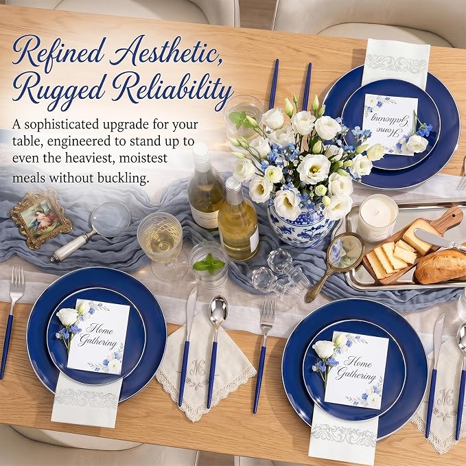 KIRE 175Pcs Blue Plastic Plates with Silver Rim & Disposable Silverware with Blue Handle & Silver-rim Cups & Hand Napkin & Plastic Dinnerware for Parties/Wedding/4th of July