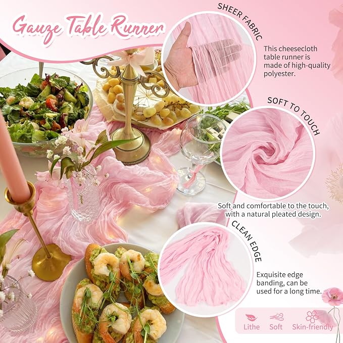 18 Pack Light Pink Cheesecloth Table Runner 17 x 108 inch Boho Gauze Table Runner Rustic Sheer Cheese Cloth Table Decorations for Wedding Party Baby Bridal Shower Birthday Holiday Home