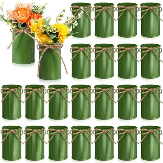 Rustic Vase for Table Centerpieces 4.33 Inch Small Petite Flower Vase with Twine Bow Vintage Farmhouse Decor for Wedding Reception Dining, Home Galvanized Metal Buckets(Sage Green,24 Pcs)