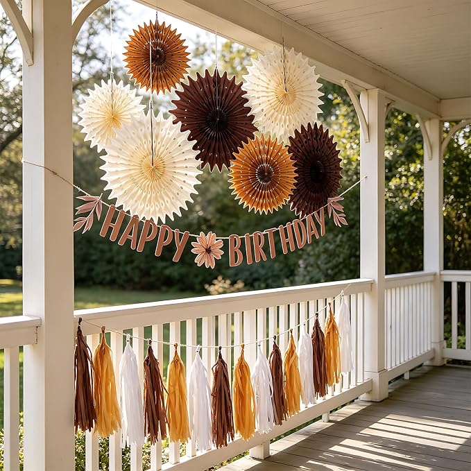 Brown Birthday Party Decorations for Women Neutral Boho Happy Banner Banner Brown Cream Honeycomb Paper Fans Hanging Tassel Garland Rustic Wedding Baby Shower Western Cowboy Party Supplies