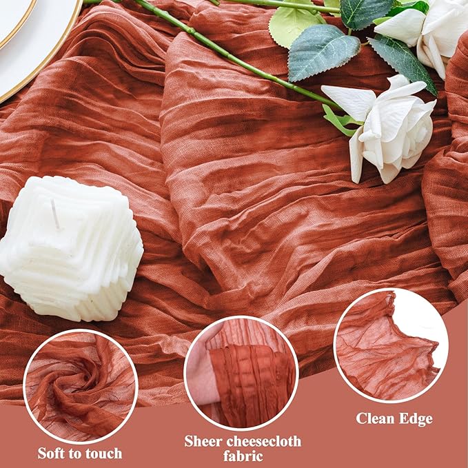 3PCS Table Runner Cheesecloth 10FT Terracotta Boho Gauze Cheese Cloth Rustic Sheer Table Runners for Wedding Bridal Baby Shower Party Decoration