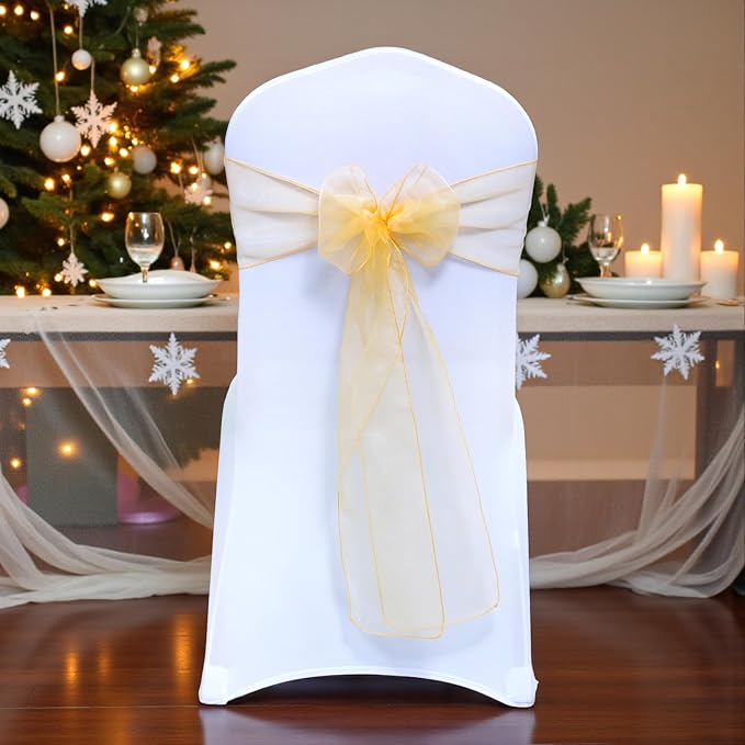 MDS® Pack of 10 Organza Chair Sashes for Wedding Decoration, Reusable Sheer Chair Bows for Banquet Chair Cover, Reception, Bridal Shower, Baby Shower, Birthday Party & Special Events - Gold