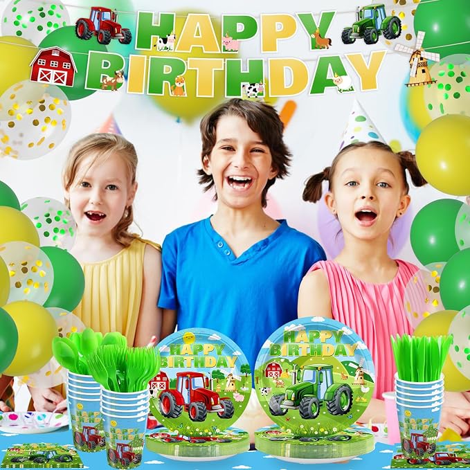 232pcs Tractor Birthday Party Decorations Party Plates Napkins Disposable Paper Cups Tablecloth Banner Boys Tractor Farm Birthday Party Supplies Tableware Set 24 Serve