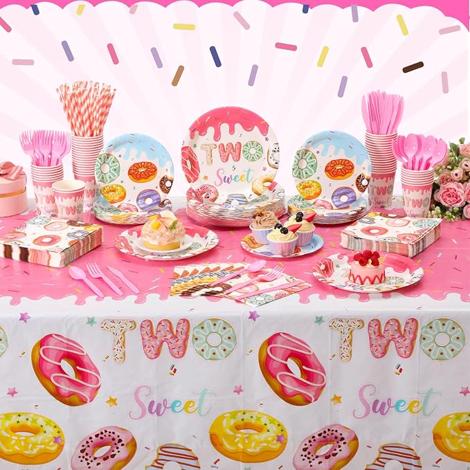 Funnymoom 452 Pcs Donut Two Sweet Birthday Decorations Girls for 50 Guests, Pink Donut Themed Paper Plates Cups Napkins Tablecloth Cutlery Straws for Girl 2nd Birthday Party Supplies