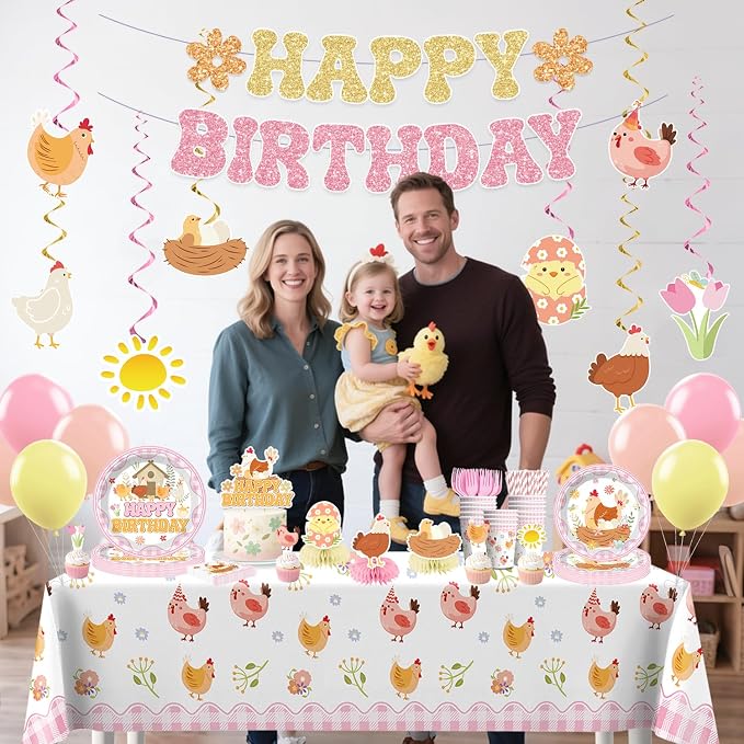 Xynic 213pcs Chicken Birthday Decorations, Convenient Disposable Tableware Set Includes Waterproof Tablecloths 350gsm Plates Centerpieces and Banner, Chicken Party Decorations Serve 25