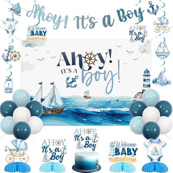Nautical Baby Shower Decorations Nautical Ahoy It's A Boy Backdrop Banner Ahoy It's A Boy Baby Shower Centerpiece Hanging Swirl Ocean Sailing Sailor Ocean Sailboat Lighthouse Balloon Decor
