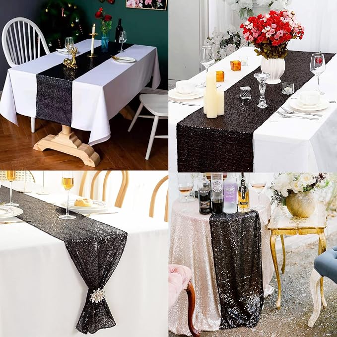 12 Packs Sequin Table Runner Glitter Dining Table Runner for Birthday Wedding Engagement Bridal Baby Shower Bachelorette Holiday Celebration Party Supplies Decorations (12" x 72", Black)