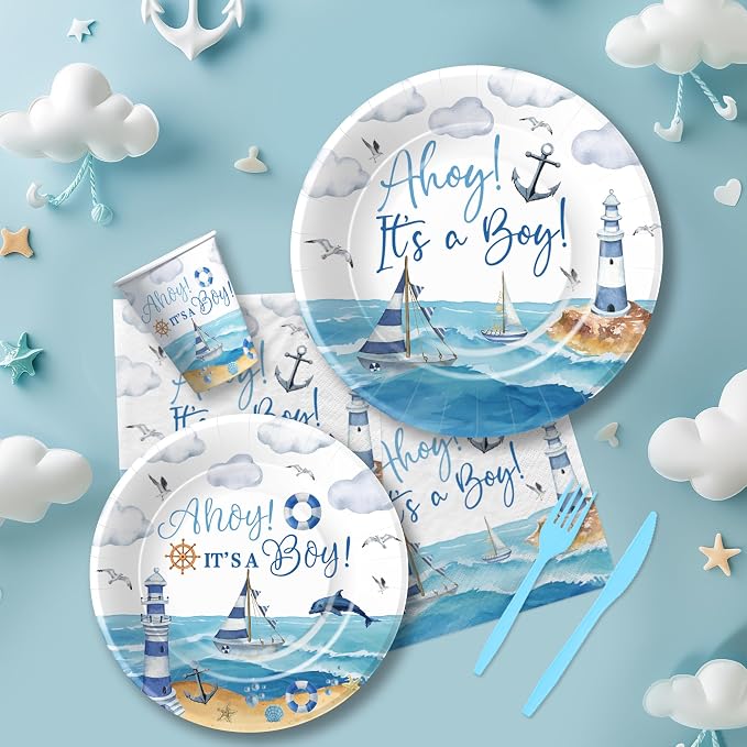 Ahoy Its A Boy Baby Shower Decorations Tableware - Nautical Baby Boy Decorations, Plate, Cup, Napkin, Disposable Cutlery, Anchor Nautical Party Supplies For Sailor Boat Baby Shower | 24 Guest