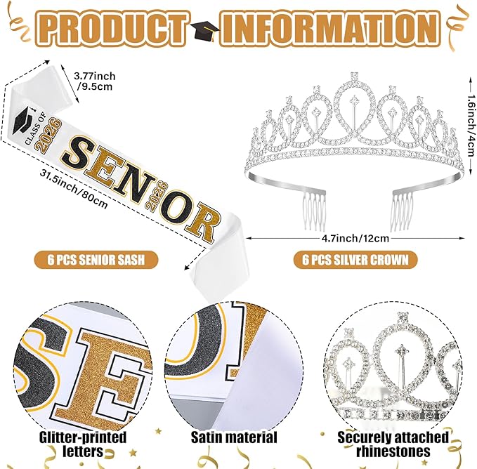 Janinka 6 Pcs Senior Sash 2026 Graduation Satin Sash with Glitter Letter Silver Crown Tiaras Cheer 2026 Gifts for Graduation Party Cheerleader Prom Photos Celebration(Black)