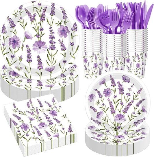 Funnymoom 400 Pcs Purple Lavender Floral Party Supplies Spring Lavender Paper Plates Napkins Cups Spoons Forks Knives for Wedding Birthday Bridal Baby Shower Party Decorations