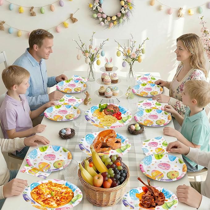 150 Pack Happy Easter Plates and Napkins Sets - Disposable Spring Paper Plates Napkins Dinnerware, Watercolor Easters Eggs Dessert Dinner Plate for Easter Party Supplies Table Decorations, Serve 50