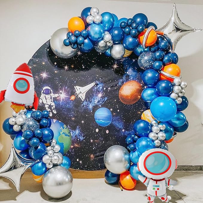 Outer Space Birthday Party Decorations 146Pcs Astronaut Balloon Arch Garland Kit, UFO Rocket Astronaut Foil Balloons, Navy Blue Metallic Silver Blue Balloons for Kids Boys Space Theme Party Decor