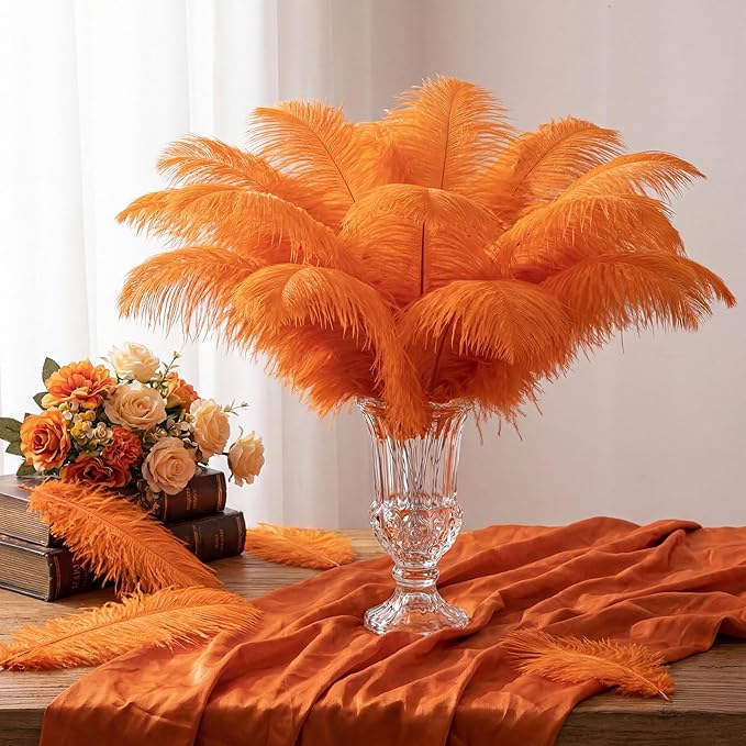 Hanaive 150 Pcs Ostrich Feathers Set Bulk Plumes 12-14 Inch (30-35cm) 70 Pcs Large Ostrich Feathers with 80 Sticks and Tape for DIY Crafts Wedding Home Party Centerpiece Decorations(Orange)