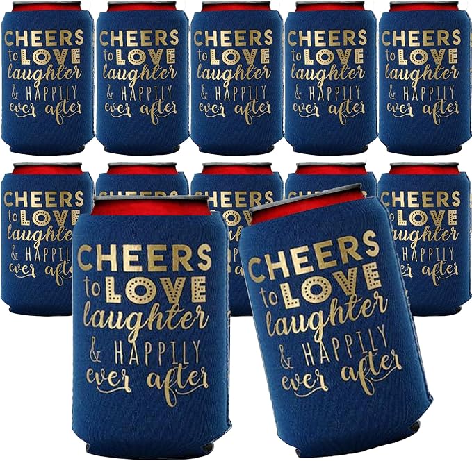 Wedding Can Cooler Decorations Set of 12 - Cheers to Love Laughter and Happily Ever After, Wedding Rehearsal Dinner Decorations - Bridal Showers, Engagement Party Favors for Guests and Supplies