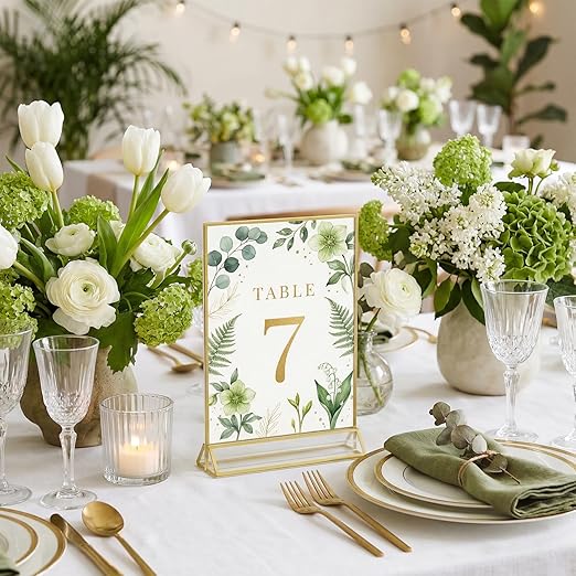 UNIQOOO Acrylic Sign Holders with Golden Border, Portrait View, Pack of 12 | 5x7 Double Sided Clear Frame, Perfect for Wedding reception, Centerpiece, Decoration, Party,Anniversary, Event