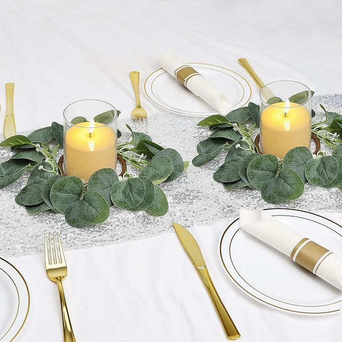 6 Sets Artificial Eucalyptus Candle Rings with LED Flameless Candles - 3 Inch Candle Rings Wreaths for Pillar Wedding Centerpieces Home Table Party Decor