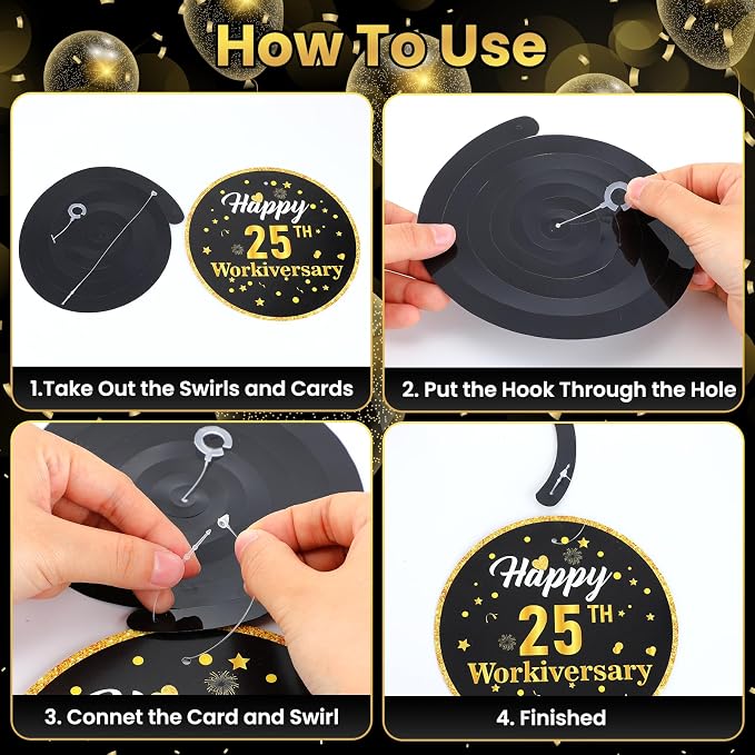 11pcs 25 Year Work Anniversary Decorations Black Gold Happy 25th Work Anniversary Banner Hanging Swirls Employee Appreciation Decorations Supplies 25 Year Workiversary Gifts for Employee Worker