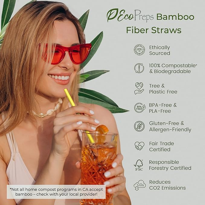 EcoPreps Colorful Biodegradable Bamboo Fiber Straws | 300 Count, 100% Compostable, Plastic-Free, Eco-Friendly Drinking Straws for Parties | 7.8'' Plant Fiber Disposable Straw, Multi-Color Straw Set