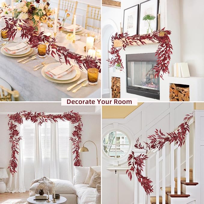 RECUTMS Artificial Hanging Willow Leaves Vine Twigs 2Pcs 5.9Ft Fake Silk Burgundy Leaf Ivy Fall Garland Faux Greenery Indoor Outdoor Valentines Day Wedding Birthday Christmas Thanksgiving Party Decor