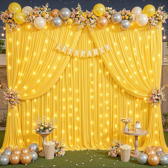 10 Panels Yellow Backdrop Curtains - Wrinkle Free Fabric Backdrop Curtain for Photoshoot, 10FT Wedding Party Photo Backdrop Drapes for Birthday Baby Shower Photography Stage Background Decorations