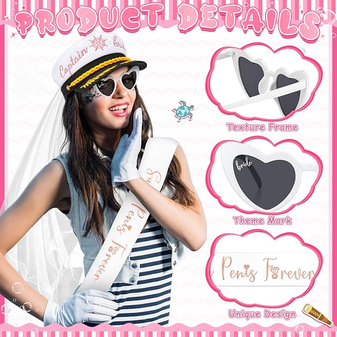JaGely Bride Captain Hat with Veil, Bachelorette Sash & Sunglasses for Bridal Shower Bachelorette Party Decor Accessories(Funny Style)