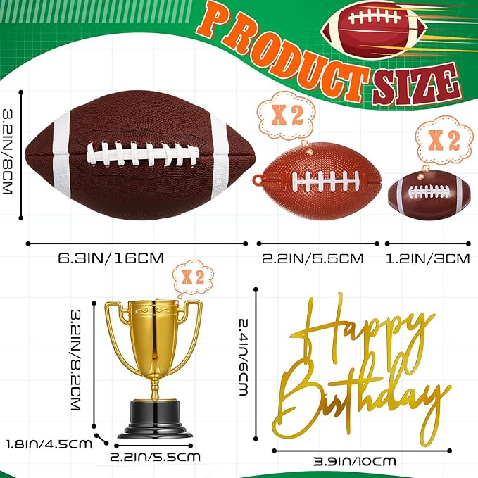VioraWhite Large Football Cake Toppers 8pcs Include 5 Balls of Different Sizes 2 Trophies and 1 Happy Birthday Sign for Cake Decoration Sport Theme Party Ceremony