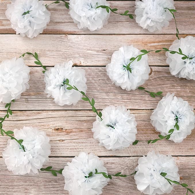White Tissue Paper Pom Pom Garlands, Paper Flowers for Birthday Decorations, Baby Shower, Wedding Engagement, Bridal Shower, Spring Summer Party Decorations, 2 Pcs
