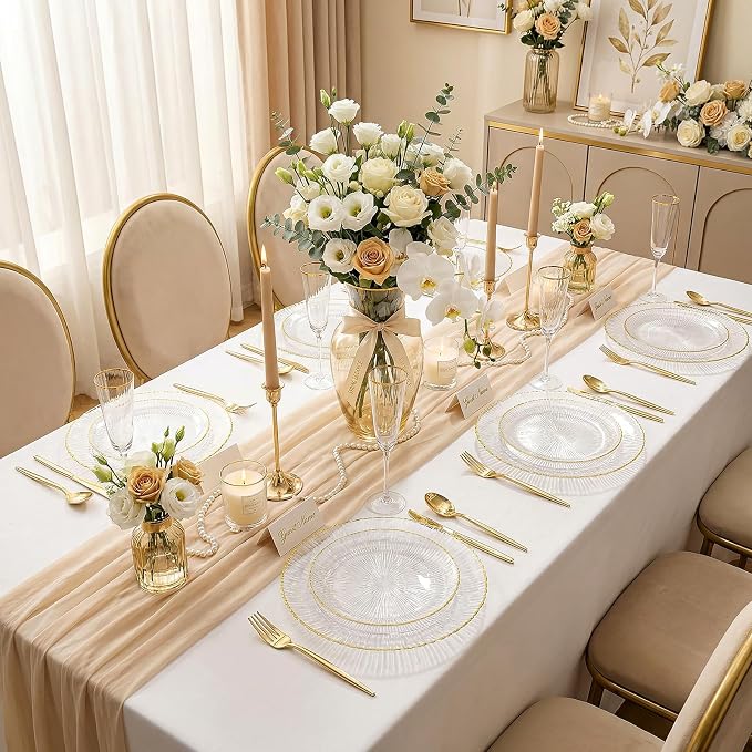 DaYammi 60Pcs Clear Plastic Plates with Gold Rimmed - Gold Disposable Plates Set Including 30pcs Dinner Plates,30pcs Dessert Plates with Radial Texture for Party & Wedding Dinner