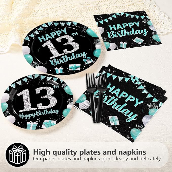 96Pcs 13th Birthday Party Supplies Teal Blue and Black Plates and Napkins Disposable Turquoise Teenager 13 Years Old Paper Tableware Set for Boys Girls 13th Birthday Party Decorations Serves 24